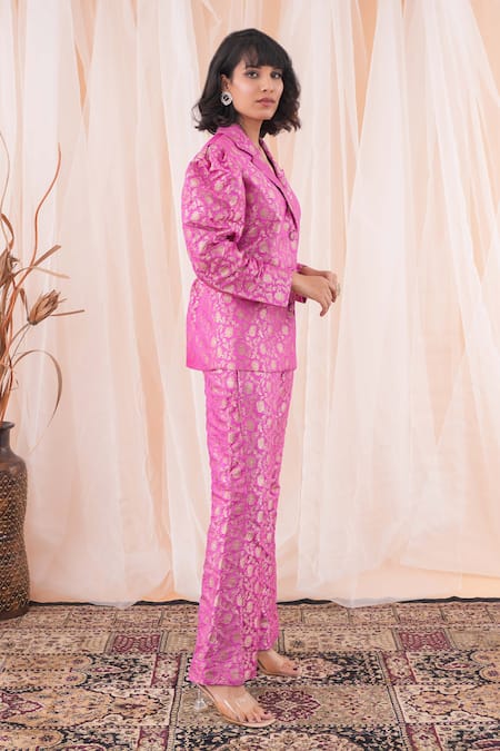Shop Farha Syed Magenta Brocade, Taffeta Embroidery Floral Woven Blazer And Pant Set Online at Aza Fashions Shop_Farha Syed_Magenta Brocade, Taffeta Embroidery Floral Woven Blazer And Pant Set _Online_at_Aza_Fashions