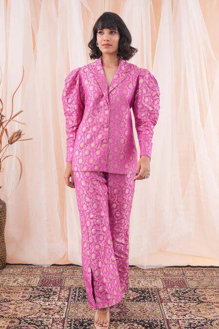 Farha Syed Magenta Brocade, Taffeta Embroidery Floral Woven Blazer And Pant Set at Aza Fashions Farha Syed_Magenta Brocade, Taffeta Embroidery Floral Woven Blazer And Pant Set _at_Aza_Fashions