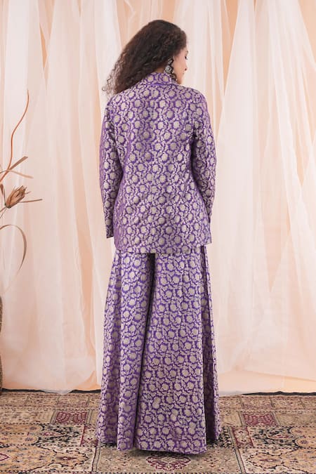 Farha Syed_Purple Brocade, Taffeta Embroidery Round Neck Floral Woven Blazer And Sharara Set _Online_at_Aza_Fashions