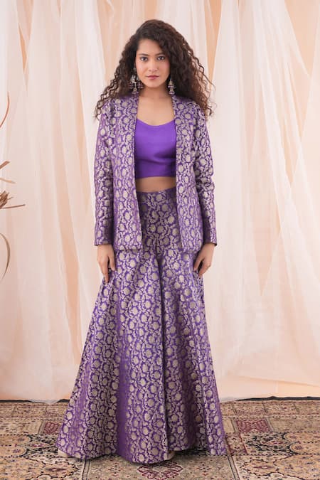 Buy_Farha Syed_Purple Brocade, Taffeta Embroidery Round Neck Floral Woven Blazer And Sharara Set _Online_at_Aza_Fashions