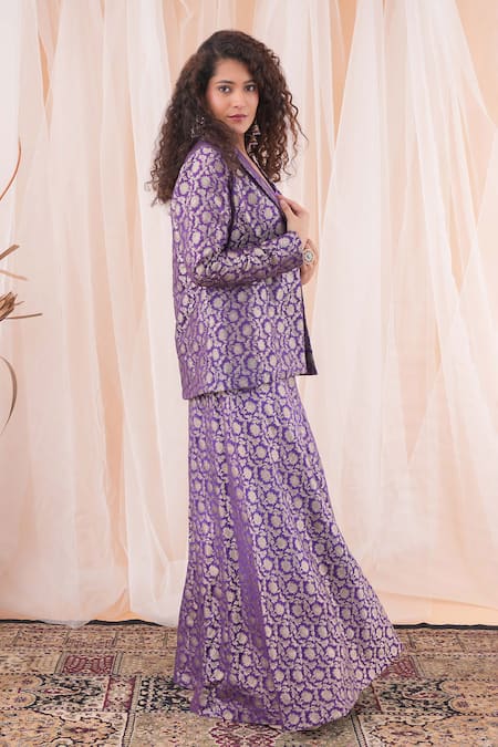 Shop_Farha Syed_Purple Brocade, Taffeta Embroidery Round Neck Floral Woven Blazer And Sharara Set _Online_at_Aza_Fashions