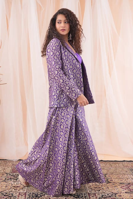 Farha Syed_Purple Brocade, Taffeta Embroidery Round Neck Floral Woven Blazer And Sharara Set _at_Aza_Fashions