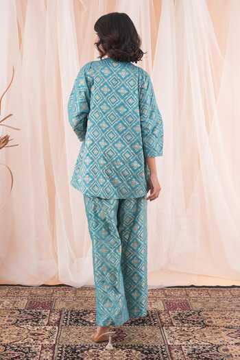 Farha Syed_Blue Brocade, Taffeta Embroidery V-neck Checkered Woven Top And Pant Set _Online_at_Aza_Fashions