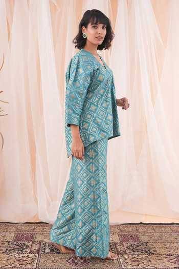 Buy_Farha Syed_Blue Brocade, Taffeta Embroidery V-neck Checkered Woven Top And Pant Set _Online_at_Aza_Fashions