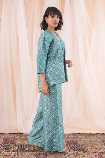 Shop_Farha Syed_Blue Brocade, Taffeta Embroidery V-neck Checkered Woven Top And Pant Set _Online_at_Aza_Fashions