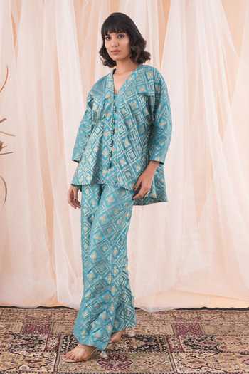 Farha Syed_Blue Brocade, Taffeta Embroidery V-neck Checkered Woven Top And Pant Set _at_Aza_Fashions