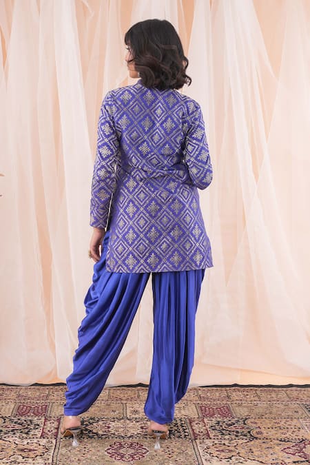 Shop_Farha Syed_Blue Brocade, Modal, Silk Satin Floral Banarasi Woven Jacket And Dhoti Pant Set _at_Aza_Fashions