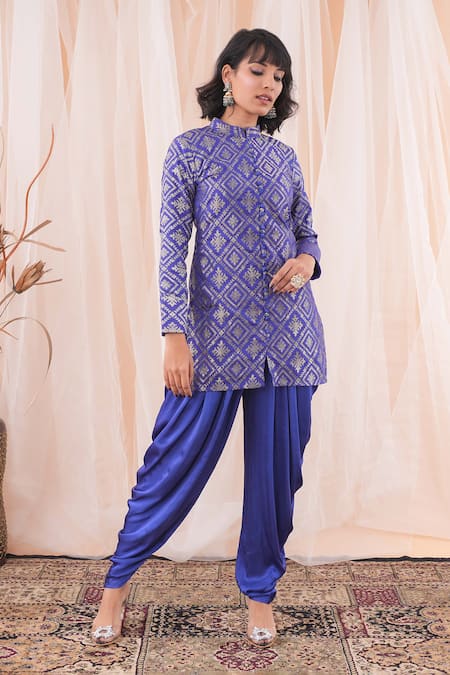 Buy_Farha Syed_Blue Brocade, Modal, Silk Satin Floral Banarasi Woven Jacket And Dhoti Pant Set _Online_at_Aza_Fashions
