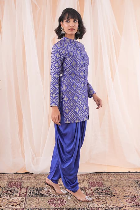 Shop_Farha Syed_Blue Brocade, Modal, Silk Satin Floral Banarasi Woven Jacket And Dhoti Pant Set _Online_at_Aza_Fashions