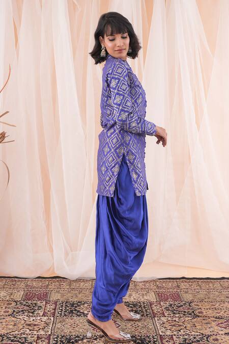 Farha Syed_Blue Brocade, Modal, Silk Satin Floral Banarasi Woven Jacket And Dhoti Pant Set _at_Aza_Fashions