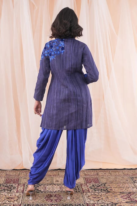 Farha Syed_Blue , Modal, Satin Embroidery Mandarin Resham Jacket And Dhoti Pant Set _Online_at_Aza_Fashions