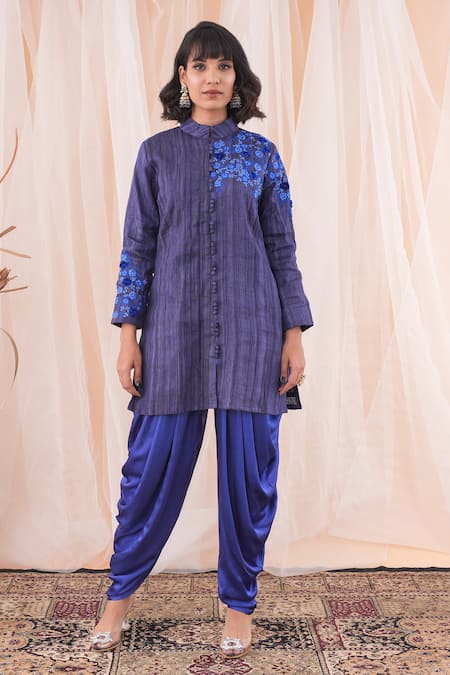 Farha Syed_Blue , Modal, Satin Embroidery Mandarin Resham Jacket And Dhoti Pant Set _at_Aza_Fashions