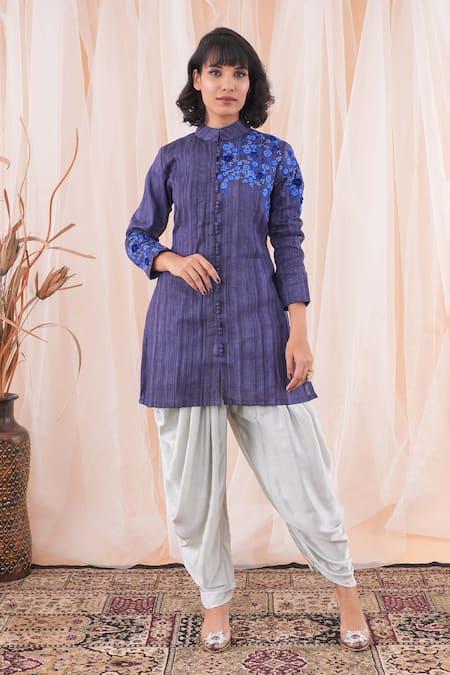 Farha Syed Blue Jacket Tussar Ghicha Silk Embroidery Resham Band Work And Dhoti Pant Set
