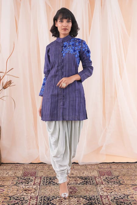 Buy_Farha Syed_Blue , Modal, Satin Embroidery Resham Work Jacket And Dhoti Pant Set _Online_at_Aza_Fashions