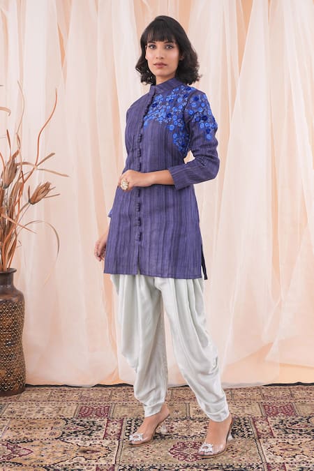 Shop_Farha Syed_Blue , Modal, Satin Embroidery Resham Work Jacket And Dhoti Pant Set _Online_at_Aza_Fashions