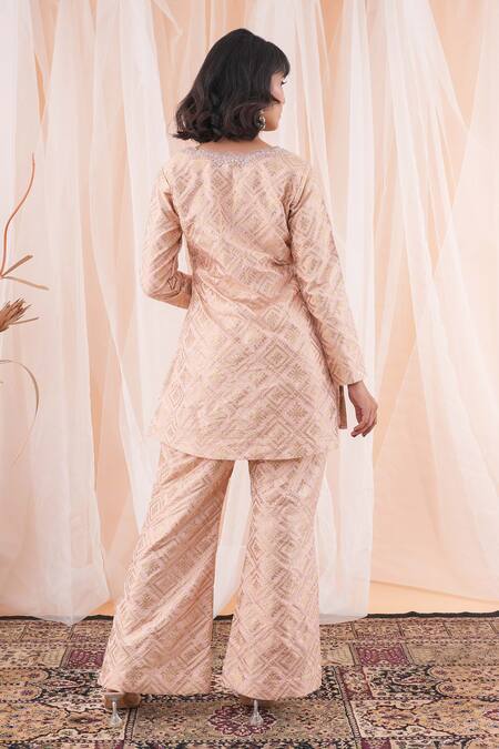 Farha Syed Purple Brocade, Linen, Taffeta Sequins, Neckline Embroidered Kurta And Pant Set Online at Aza Fashions Farha Syed_Purple Brocade, Linen, Taffeta Sequins, Neckline Embroidered Kurta And Pant Set _Online_at_Aza_Fashions