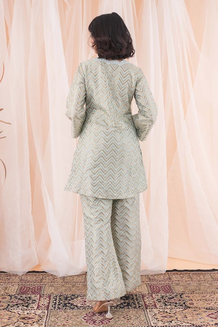 Farha Syed_Blue Brocade, Taffeta Sequins, Zari Split V-neck Chevron Woven Kurta And Pant Set _Online_at_Aza_Fashions