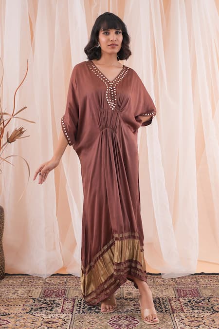 Buy_Farha Syed_Brown Modal, Satin, Taffeta Embroidery, Mirrors V-neck Placement Kaftan Dress _Online_at_Aza_Fashions