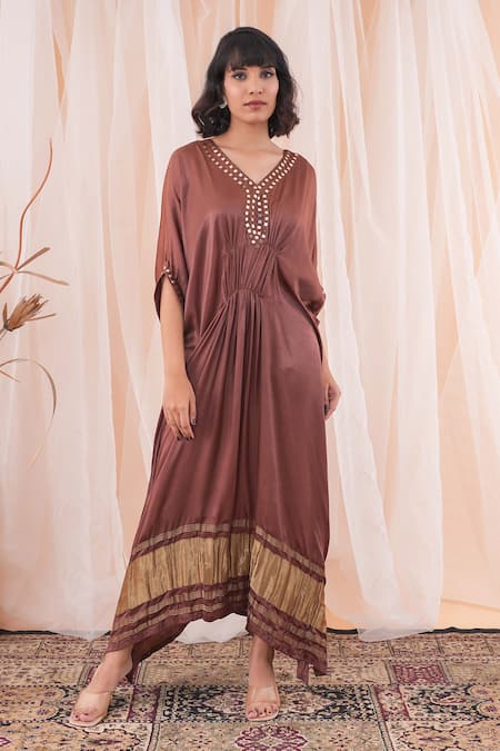 Shop_Farha Syed_Brown Modal, Satin, Taffeta Embroidery, Mirrors V-neck Placement Kaftan Dress _Online_at_Aza_Fashions