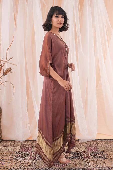 Farha Syed_Brown Modal, Satin, Taffeta Embroidery, Mirrors V-neck Placement Kaftan Dress _at_Aza_Fashions