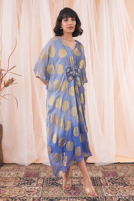 Buy Farha Syed Blue Georgette, Taffeta Embroidery, Sequins V-neck Polka Dot Woven Kaftan Dress Online at Aza Fashions Buy_Farha Syed_Blue Georgette, Taffeta Embroidery, Sequins V-neck Polka Dot Woven Kaftan Dress _Online_at_Aza_Fashions