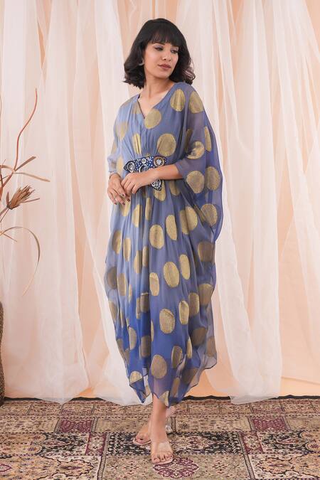 Shop Farha Syed Blue Georgette, Taffeta Embroidery, Sequins V-neck Polka Dot Woven Kaftan Dress Online at Aza Fashions Shop_Farha Syed_Blue Georgette, Taffeta Embroidery, Sequins V-neck Polka Dot Woven Kaftan Dress _Online_at_Aza_Fashions