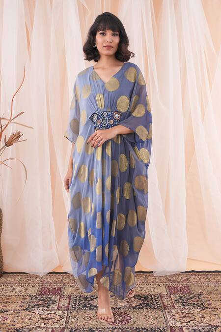 Farha Syed Blue Georgette, Taffeta Embroidery, Sequins V-neck Polka Dot Woven Kaftan Dress at Aza Fashions Farha Syed_Blue Georgette, Taffeta Embroidery, Sequins V-neck Polka Dot Woven Kaftan Dress _at_Aza_Fashions