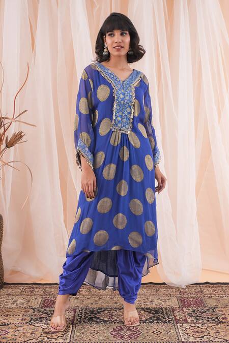 Buy Farha Syed Blue Georgette, Modal, Silk, Satin Polka Dot Woven Kaftan Kurta And Dhoti Pant Set Online at Aza Fashions Buy_Farha Syed_Blue Georgette, Modal, Silk, Satin Polka Dot Woven Kaftan Kurta And Dhoti Pant Set _Online_at_Aza_Fashions