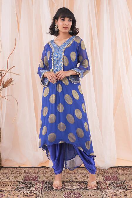Shop Farha Syed Blue Georgette, Modal, Silk, Satin Polka Dot Woven Kaftan Kurta And Dhoti Pant Set Online at Aza Fashions Shop_Farha Syed_Blue Georgette, Modal, Silk, Satin Polka Dot Woven Kaftan Kurta And Dhoti Pant Set _Online_at_Aza_Fashions