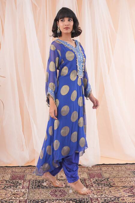 Farha Syed Blue Georgette, Modal, Silk, Satin Polka Dot Woven Kaftan Kurta And Dhoti Pant Set at Aza Fashions Farha Syed_Blue Georgette, Modal, Silk, Satin Polka Dot Woven Kaftan Kurta And Dhoti Pant Set _at_Aza_Fashions