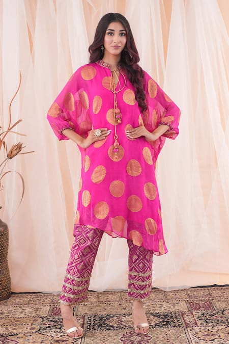 Farha Syed Polka Dot Banarasi Woven Kaftan Kurta & Pant Set 