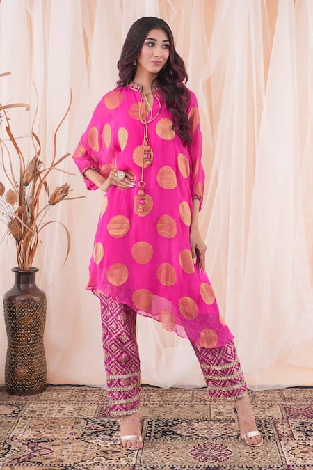 Buy Farha Syed Pink Georgette, Brocade, Polka Dot Banarasi Woven Kaftan Kurta And Pant Set Online at Aza Fashions Buy_Farha Syed_Pink Georgette, Brocade, Polka Dot Banarasi Woven Kaftan Kurta And Pant Set _Online_at_Aza_Fashions