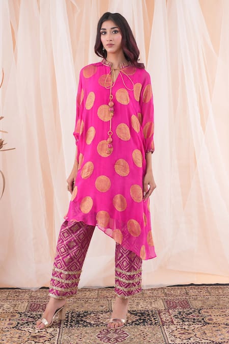 Shop Farha Syed Pink Georgette, Brocade, Polka Dot Banarasi Woven Kaftan Kurta And Pant Set Online at Aza Fashions Shop_Farha Syed_Pink Georgette, Brocade, Polka Dot Banarasi Woven Kaftan Kurta And Pant Set _Online_at_Aza_Fashions