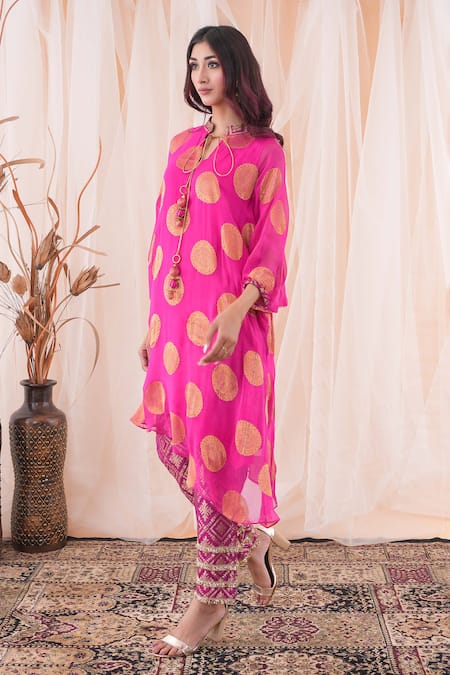 Farha Syed Pink Georgette, Brocade, Polka Dot Banarasi Woven Kaftan Kurta And Pant Set at Aza Fashions Farha Syed_Pink Georgette, Brocade, Polka Dot Banarasi Woven Kaftan Kurta And Pant Set _at_Aza_Fashions