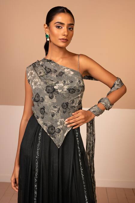 Kelaayah_Black Chiffon Sequins Asymmetric Zayna Floral Print Bodice Jumpsuit_Online_at_Aza_Fashions