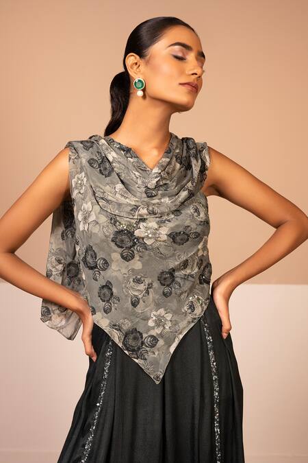 Buy_Kelaayah_Black Chiffon Sequins Asymmetric Zayna Floral Print Bodice Jumpsuit_Online_at_Aza_Fashions