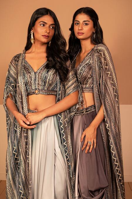 Kelaayah Grey Satin, Chiffon Embroidery V-neck Belle Geometric Print Cape Skirt Set Online at Aza Fashions Kelaayah_Grey Satin, Chiffon Embroidery V-neck Belle Geometric Print Cape Skirt Set_Online_at_Aza_Fashions