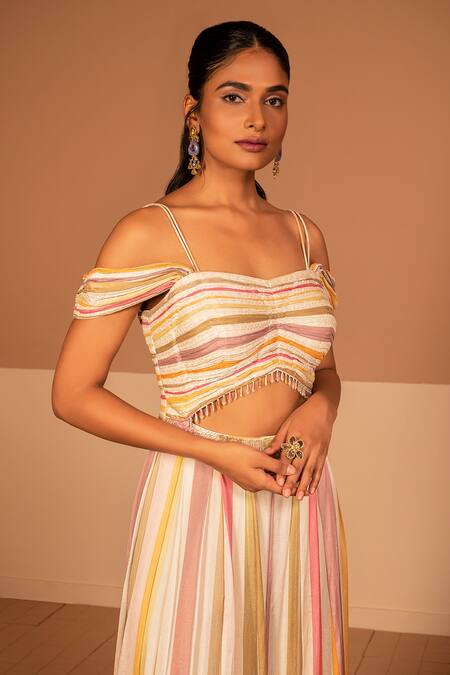 Kelaayah_Multi Color Chiffon Sequins Sweetheart Neck Stripe Print Front Cut-out Jumpsuit_Online_at_Aza_Fashions