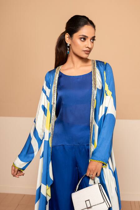 Buy_Kelaayah_Blue Satin, Organza Round Neck Ayame Print Cape Pant Set_Online_at_Aza_Fashions