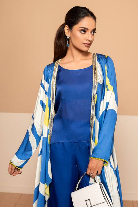 Shop_Kelaayah_Blue Satin, Organza Round Neck Ayame Print Cape Pant Set_Online_at_Aza_Fashions