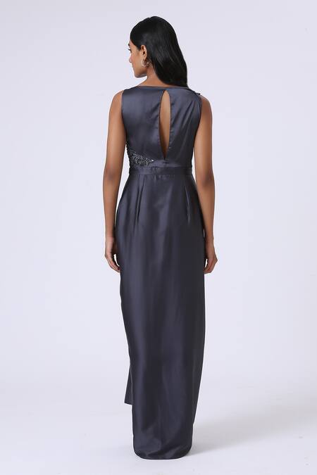 Shop Kelaayah Grey Satin Sequins Cowl Neck Orchid Placement Embroidered Gown at Aza Fashions Shop_Kelaayah_Grey Satin Sequins Cowl Neck Orchid Placement Embroidered Gown _at_Aza_Fashions