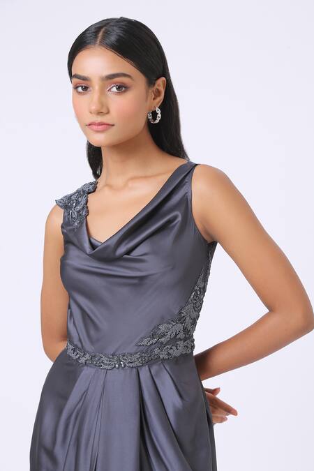 Buy Kelaayah Grey Satin Sequins Cowl Neck Orchid Placement Embroidered Gown Online at Aza Fashions Buy_Kelaayah_Grey Satin Sequins Cowl Neck Orchid Placement Embroidered Gown _Online_at_Aza_Fashions