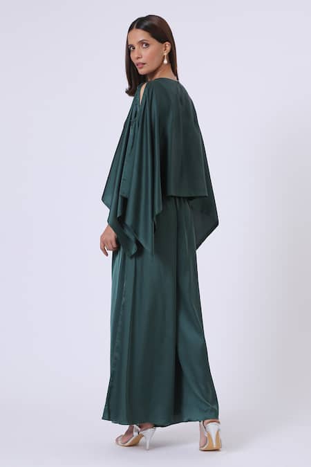Shop Kelaayah Green Silk, Satin Embroidery Round Neck Midnight Cape Top And Pant Set at Aza Fashions Shop_Kelaayah_Green Silk, Satin Embroidery Round Neck Midnight Cape Top And Pant Set_at_Aza_Fashions