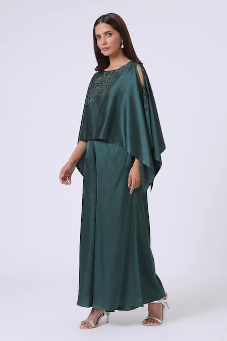Buy Kelaayah Green Silk, Satin Embroidery Round Neck Midnight Cape Top And Pant Set Online at Aza Fashions Buy_Kelaayah_Green Silk, Satin Embroidery Round Neck Midnight Cape Top And Pant Set_Online_at_Aza_Fashions
