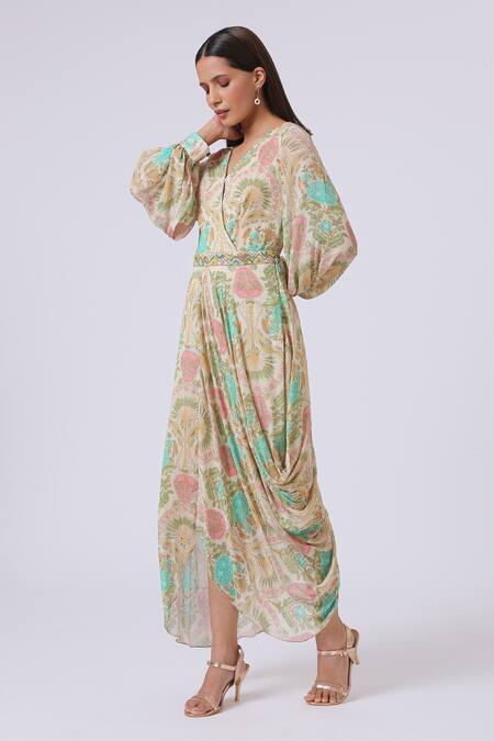 Kelaayah_Multi Color Chiffon V-neck Ophelia Printed Draped Dress_Online_at_Aza_Fashions