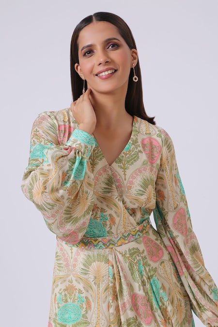 Buy_Kelaayah_Multi Color Chiffon V-neck Ophelia Printed Draped Dress_Online_at_Aza_Fashions