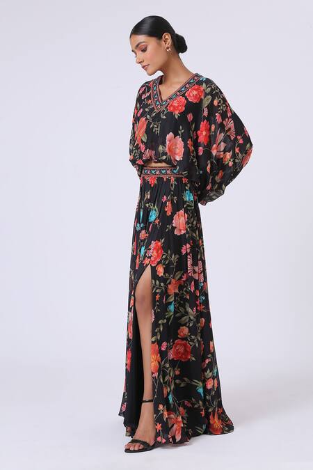 Buy Kelaayah Black Chiffon Beads, Sequins, Clementine Printed Kaftan Top And Skirt Set Online at Aza Fashions Buy_Kelaayah_Black Chiffon Beads, Sequins, Clementine Printed Kaftan Top And Skirt Set_Online_at_Aza_Fashions
