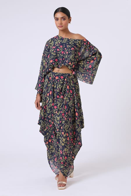 Kelaayah Blue Chinon Printed Floral One Shoulder Top And Draped Skirt Set 