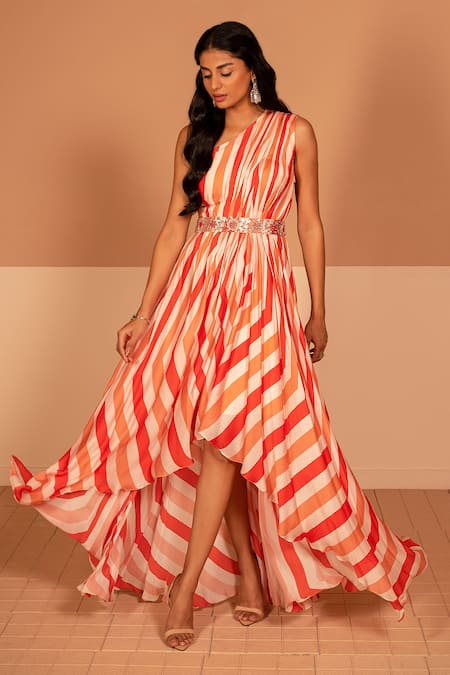 Kelaayah Multi Color Satin Printed Striped One Shoulder Isabella Dress  