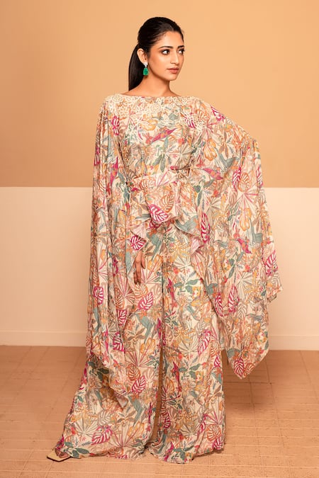 Kelaayah Multi Color Chinon Printed Leaf Boat Kaftan And Culotte Set 